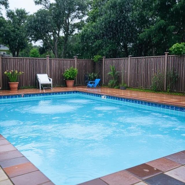Cloudy salt water pool after rain with visible debris and reduced clarity